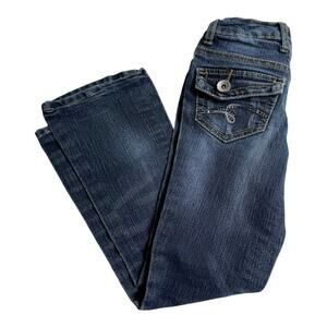 Justice Jeans Girls Size 7 Boot Cut Blue Denim Rhinestone Pockets 22x21.5 I Love